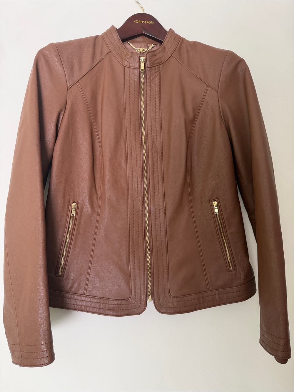 Cole Haan Japan Brown Genuine Leather Moto Jacket Gold Hardware Size M NWOT - Picture 4 of 16